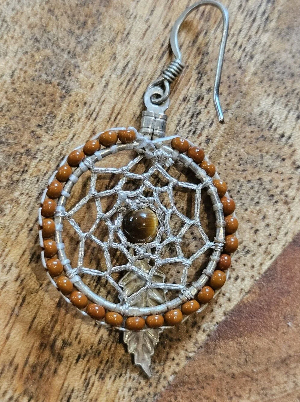 Boho Dreamcatcher Feather Drop Earrings Brown Beads & Silvertone Webbing/Charm